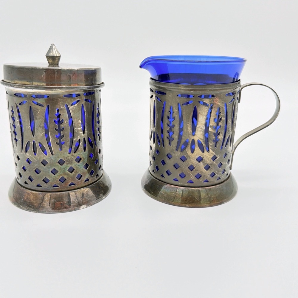 Avon Royal Sapphire Cobalt Blue Glass Creamer & Sugar Bowl Set VTG